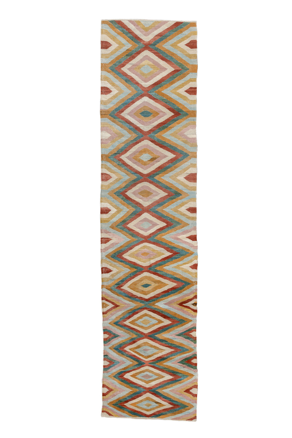 2' x 9' one-of-a-kind handmade vintage Kilim runner rug. Color palette: gray, brown, off-white, light gray, blue, pink