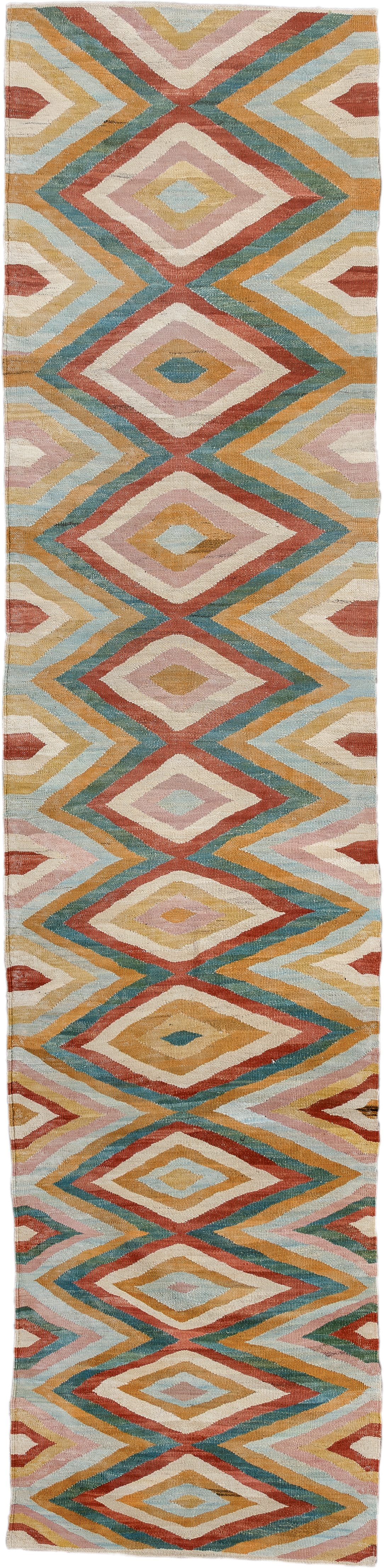 2' x 9' one-of-a-kind handmade vintage Kilim runner rug. Color palette: ivory, gold, rust, blush, teal, camel, pale blue