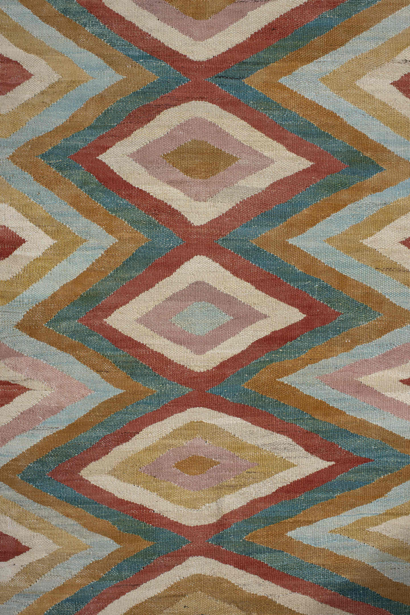 2' x 9' one-of-a-kind handmade vintage Kilim runner rug. Color palette: ivory, gold, rust, blush, teal, camel, pale blue