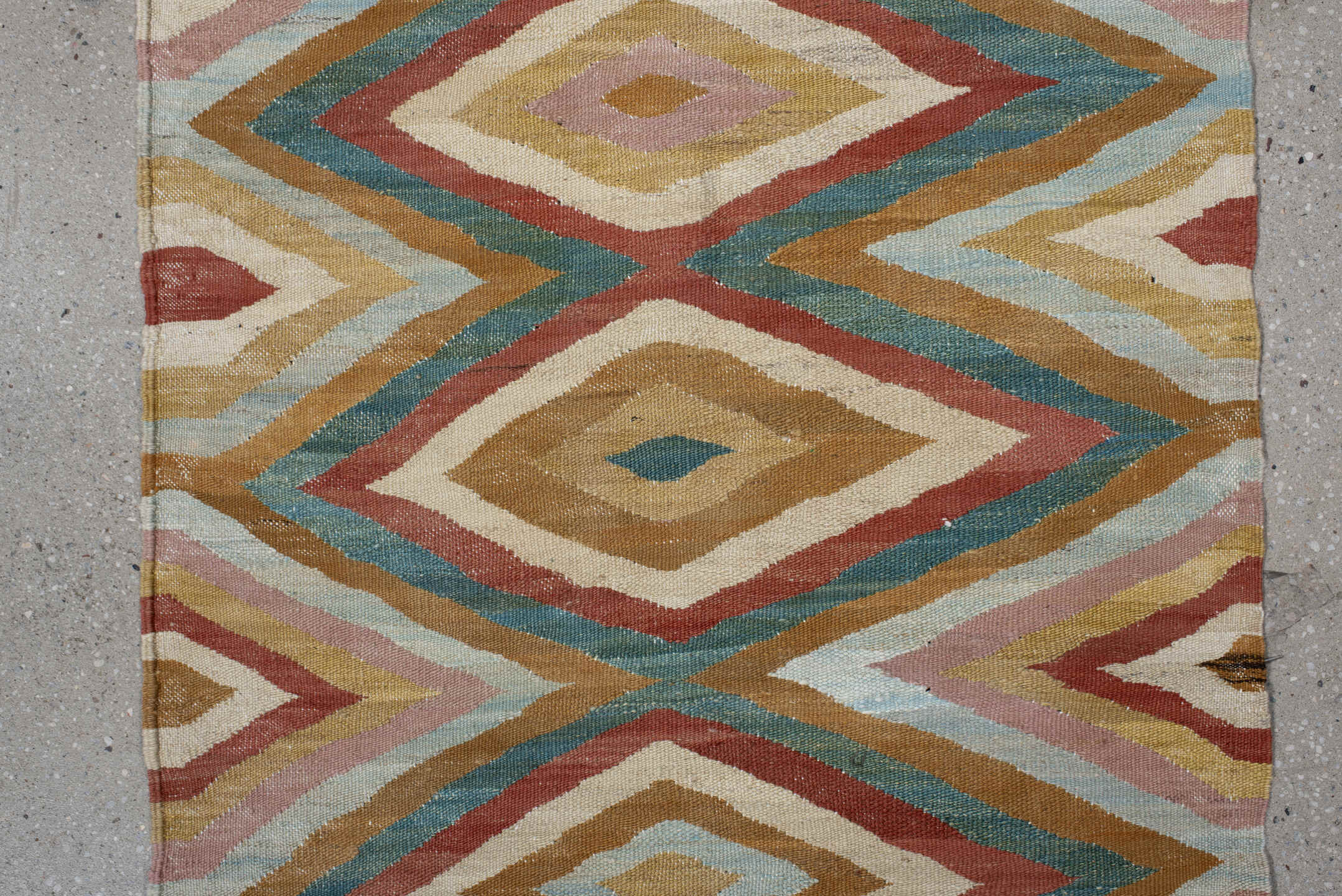 2' x 9' one-of-a-kind handmade vintage Kilim runner rug. Color palette: ivory, gold, rust, blush, teal, camel, pale blue