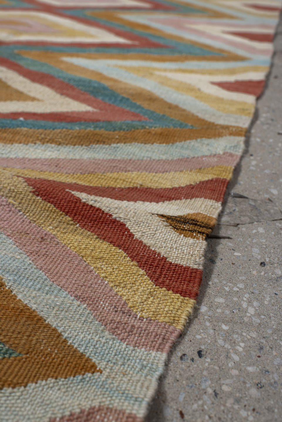 2' x 9' one-of-a-kind handmade vintage Kilim runner rug. Color palette: ivory, gold, rust, blush, teal, camel, pale blue