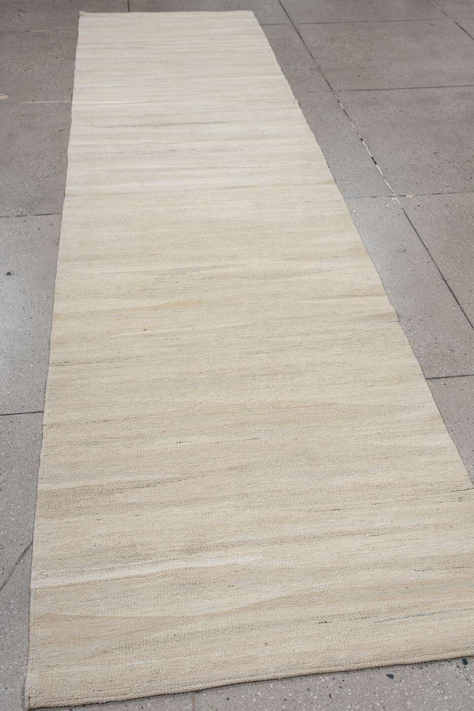 3' x 12' one-of-a-kind handmade vintage Kilim runner rug. Color palette: ivory, cream, beige, taupe, gray