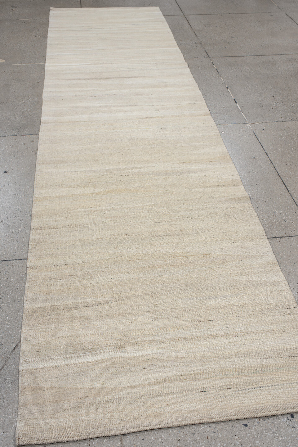 3' x 12' one-of-a-kind handmade vintage Kilim runner rug. Color palette: ivory, cream, beige, taupe, gray
