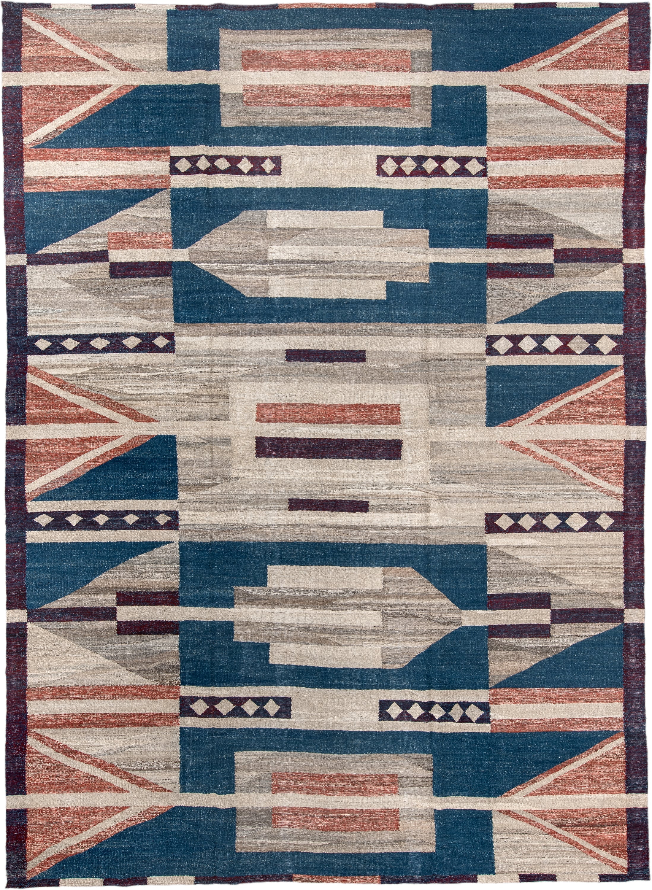 10' x 13' one-of-a-kind handmade vintage Kilim large size rug. Color palette: indigo, ivory, taupe, rust, burgundy, gray