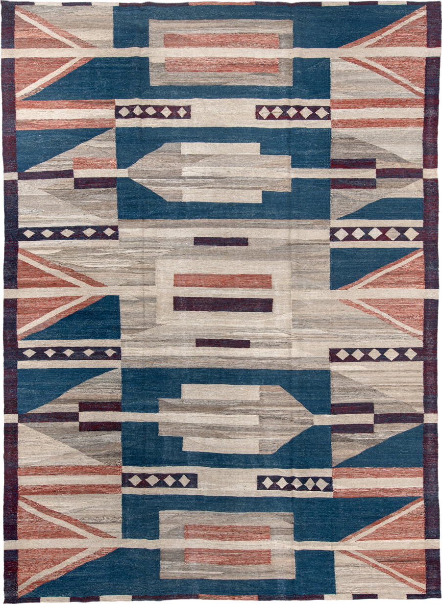 10' x 13' one-of-a-kind handmade vintage Kilim large size rug. Color palette: indigo, ivory, taupe, rust, burgundy, gray