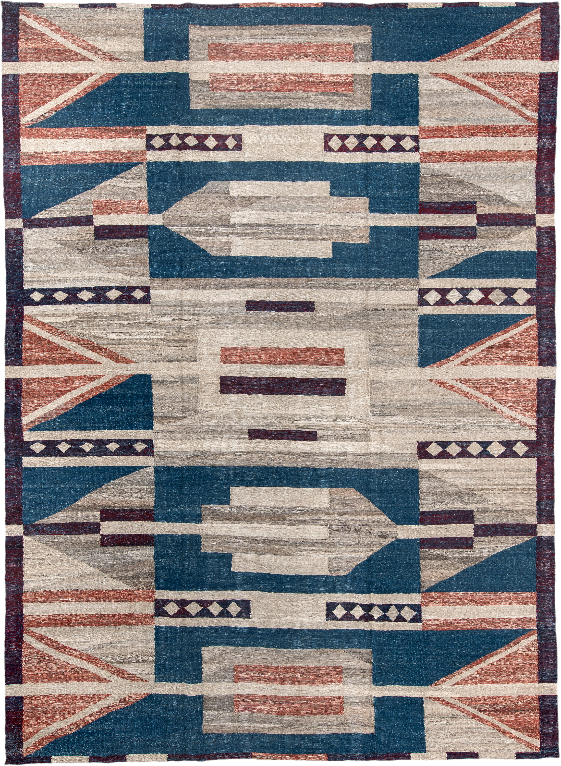 10' x 13' one-of-a-kind handmade vintage Kilim large size rug. Color palette: indigo, ivory, taupe, rust, burgundy, gray