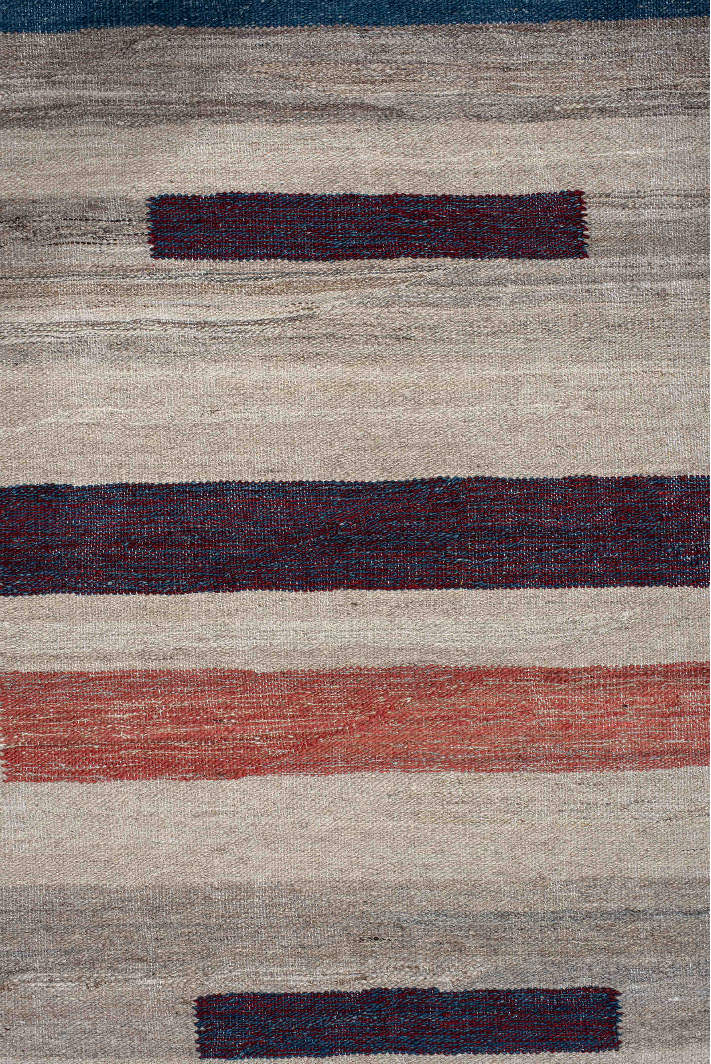 10' x 13' one-of-a-kind handmade vintage Kilim large size rug. Color palette: indigo, ivory, taupe, rust, burgundy, gray