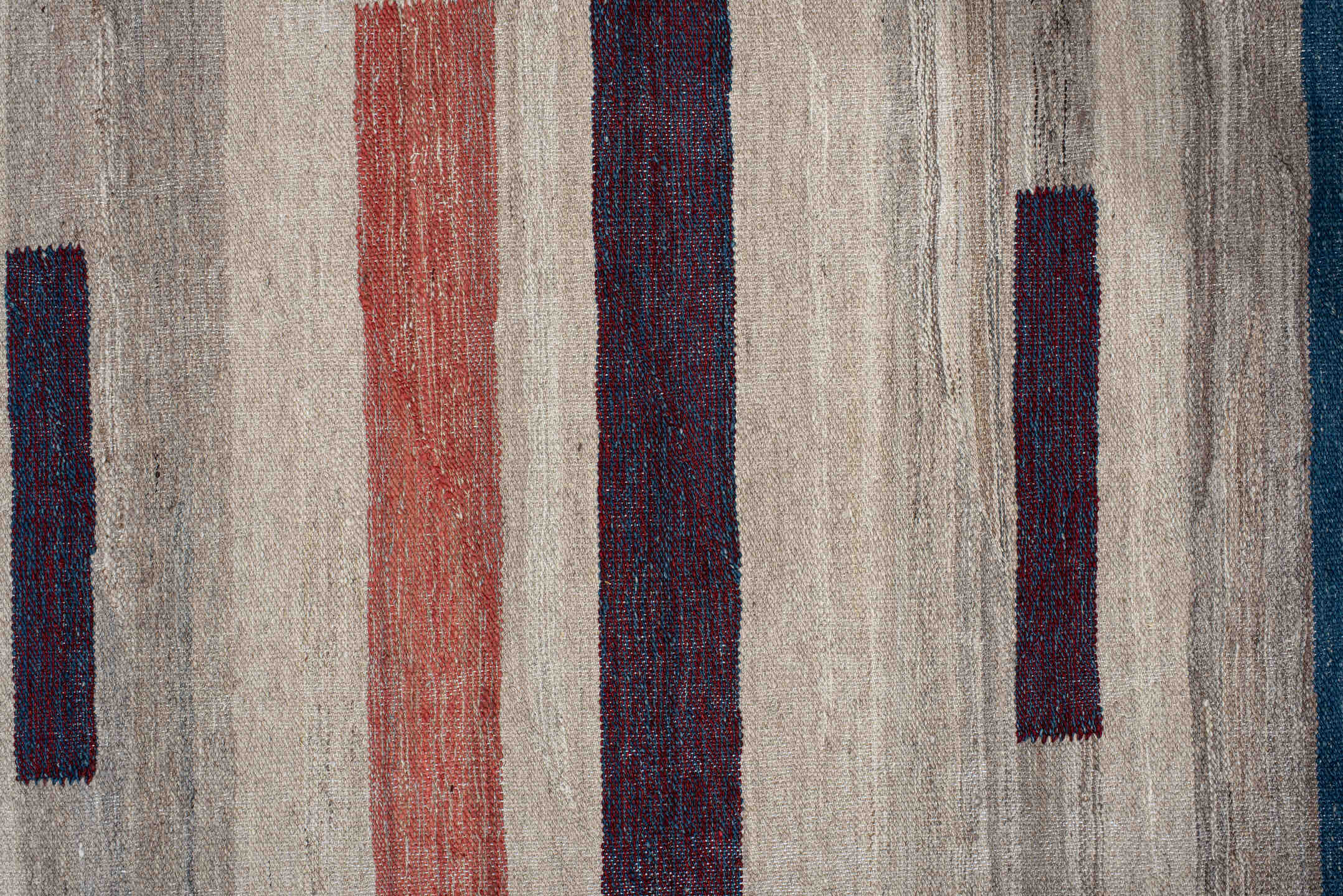 10' x 13' one-of-a-kind handmade vintage Kilim large size rug. Color palette: gray, pink, light gray, off-white, blue, brown