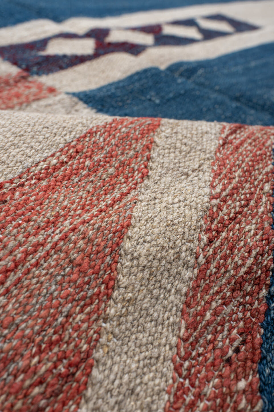10' x 13' one-of-a-kind handmade vintage Kilim large size rug. Color palette: indigo, ivory, taupe, rust, burgundy, gray