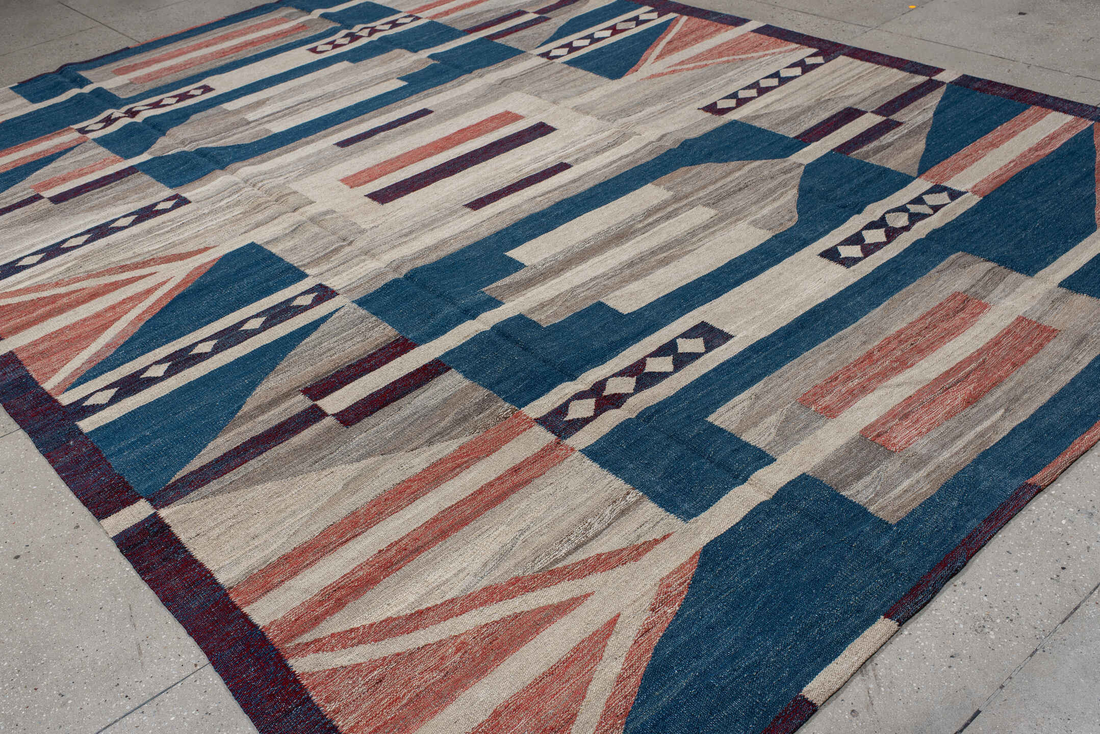 10' x 13' one-of-a-kind handmade vintage Kilim large size rug. Color palette: indigo, ivory, taupe, rust, burgundy, gray
