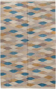 4' x 5' one-of-a-kind handmade vintage Kilim small size rug. Color palette: taupe, ivory, blue, camel, beige, mauve, gray