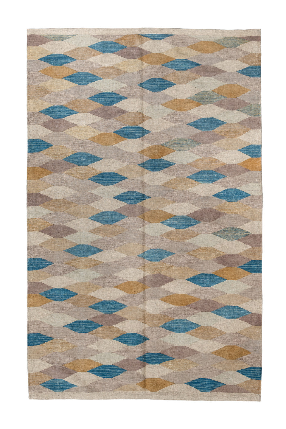 4' x 5' one-of-a-kind handmade vintage Kilim small size rug. Color palette: arapawa, blue, brown, gray, light gray