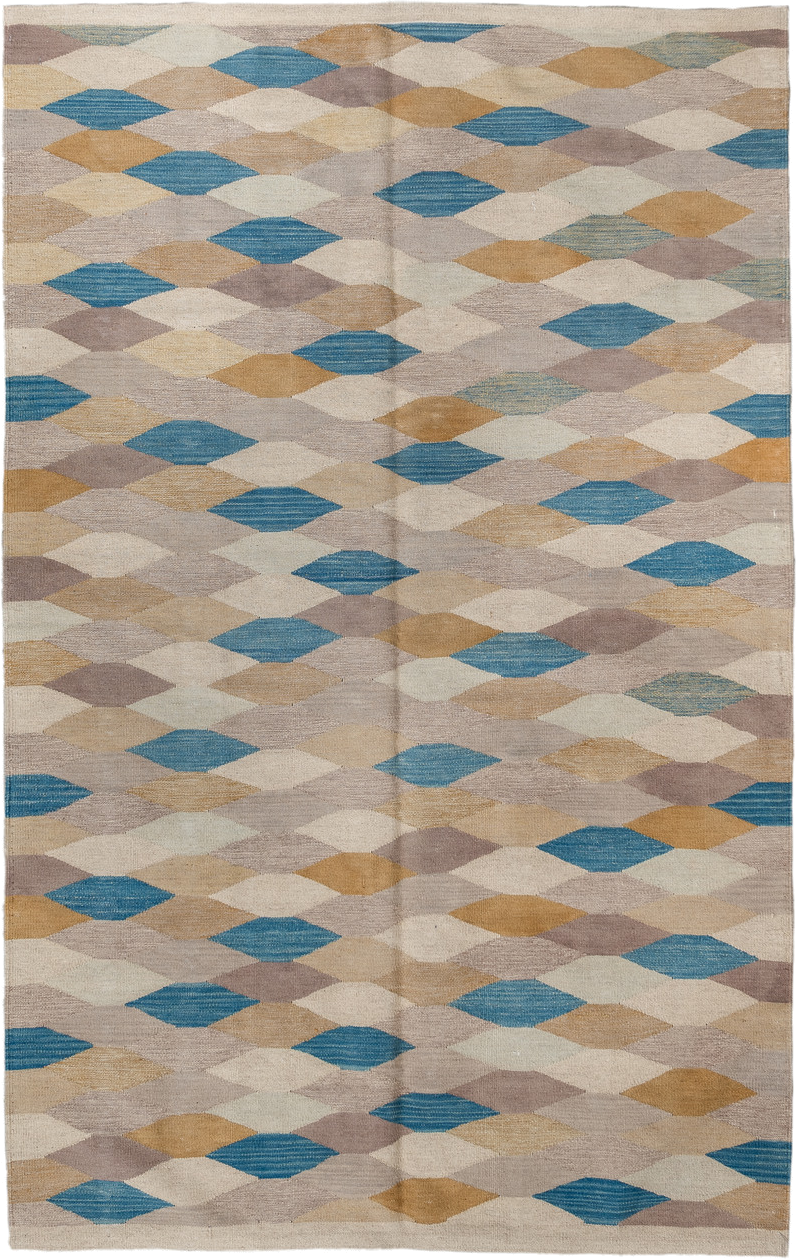 4' x 5' one-of-a-kind handmade vintage Kilim small size rug. Color palette: taupe, ivory, blue, camel, beige, mauve, gray