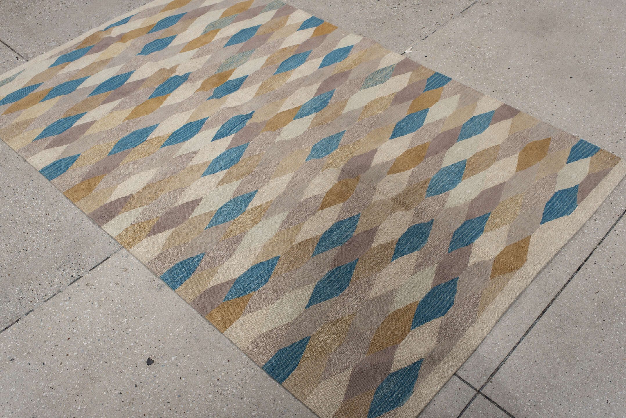 4' x 5' one-of-a-kind handmade vintage Kilim small size rug. Color palette: arapawa, blue, brown, gray, light gray