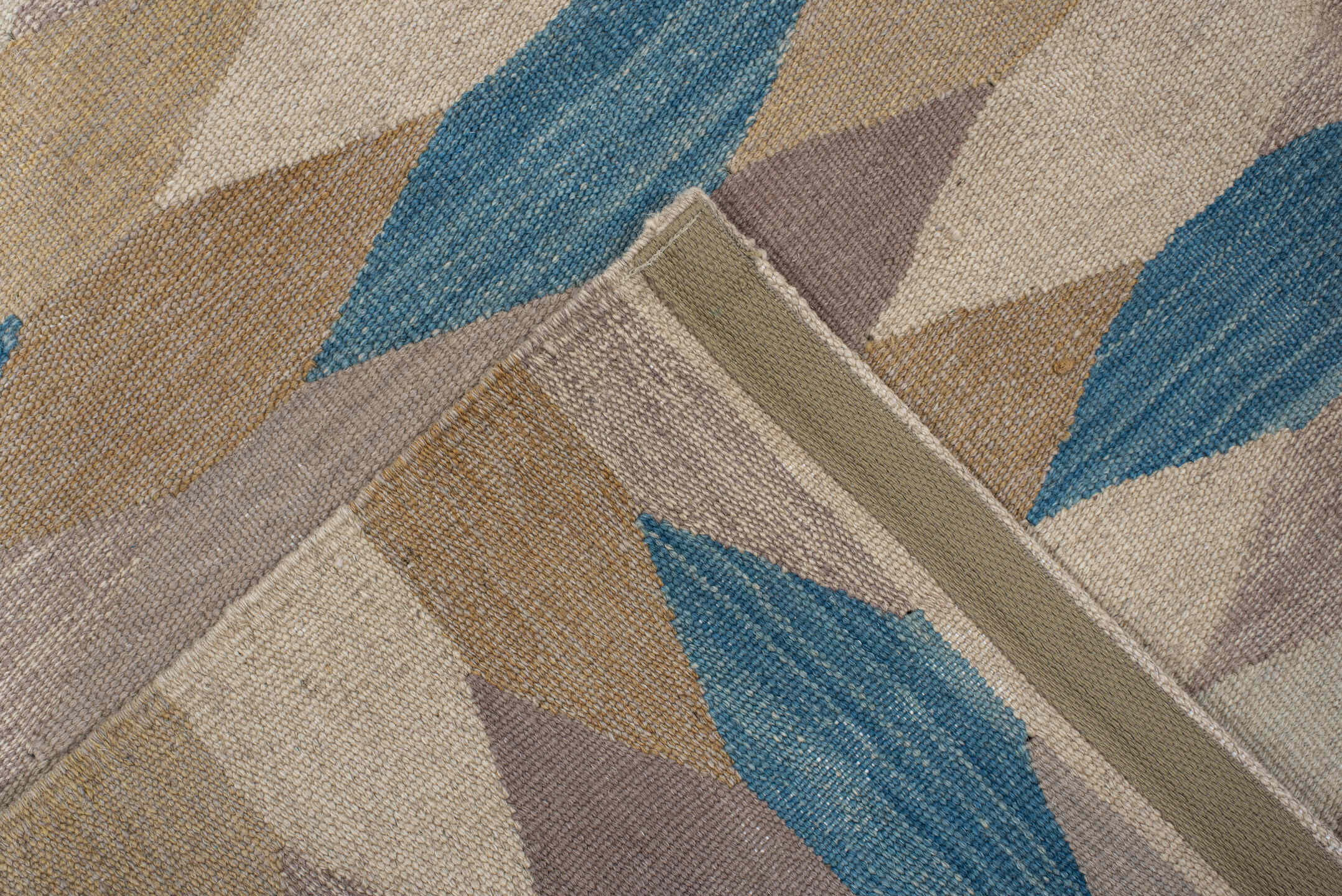 4' x 5' one-of-a-kind handmade vintage Kilim small size rug. Color palette: taupe, ivory, blue, camel, beige, mauve, gray