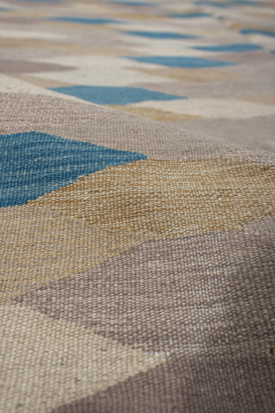 4' x 5' one-of-a-kind handmade vintage Kilim small size rug. Color palette: taupe, ivory, blue, camel, beige, mauve, gray