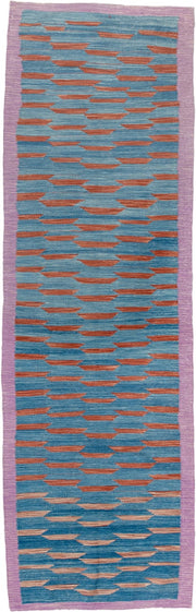 2' x 8' one-of-a-kind handmade vintage Kilim runner rug. Color palette: turquoise, lavender, rust, rose, teal, ivory