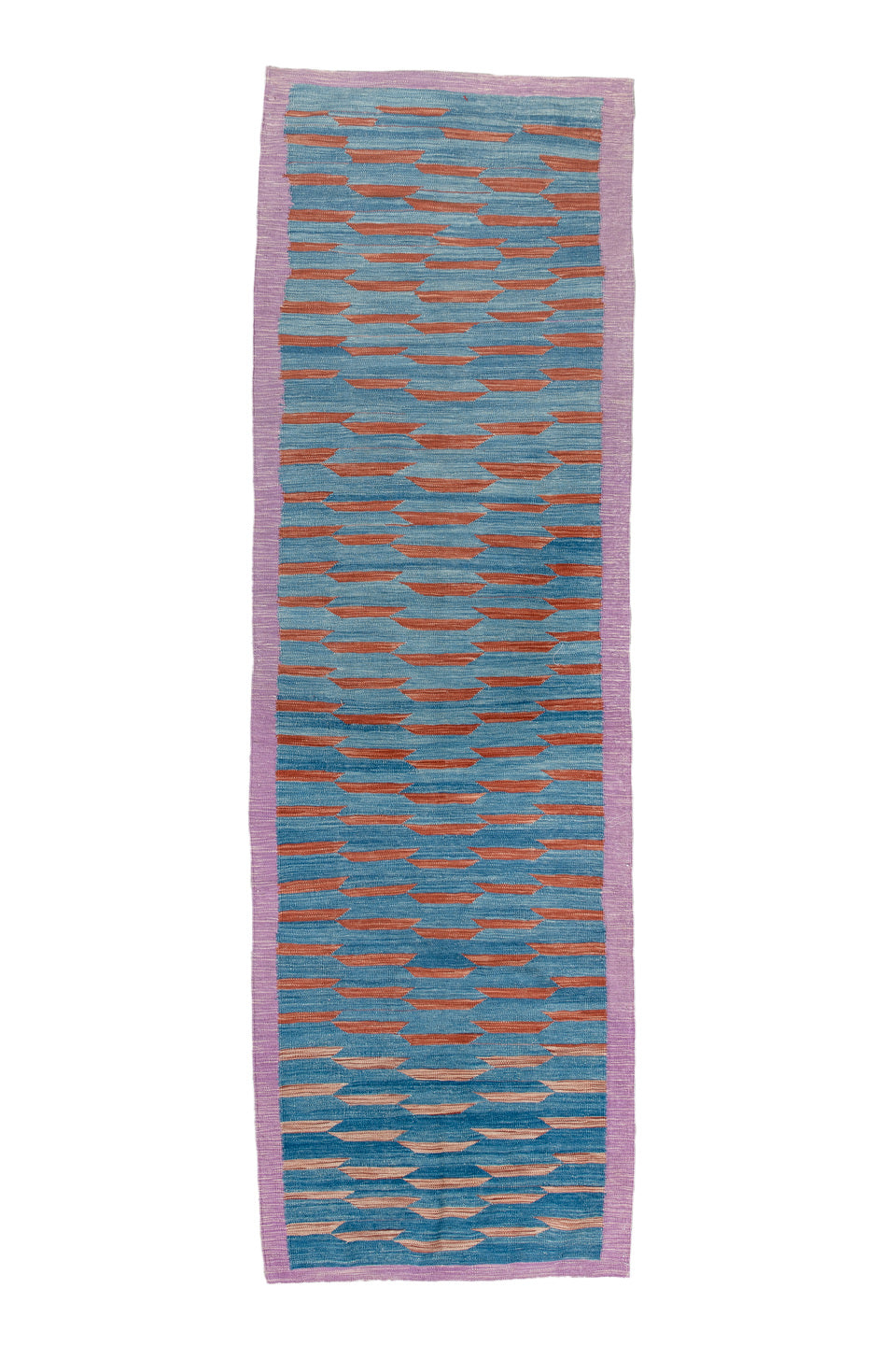 2' x 8' one-of-a-kind handmade vintage Kilim runner rug. Color palette: blue, brown, fiord, gray, light blue, light gray