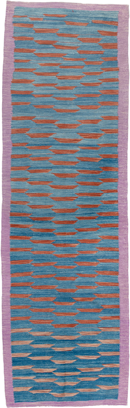 2' x 8' one-of-a-kind handmade vintage Kilim runner rug. Color palette: turquoise, lavender, rust, rose, teal, ivory