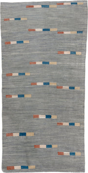 3' x 6' one-of-a-kind handmade vintage Kilim runner rug. Color palette: blue_gray, ivory, cobalt, rust, sand, gray, blue