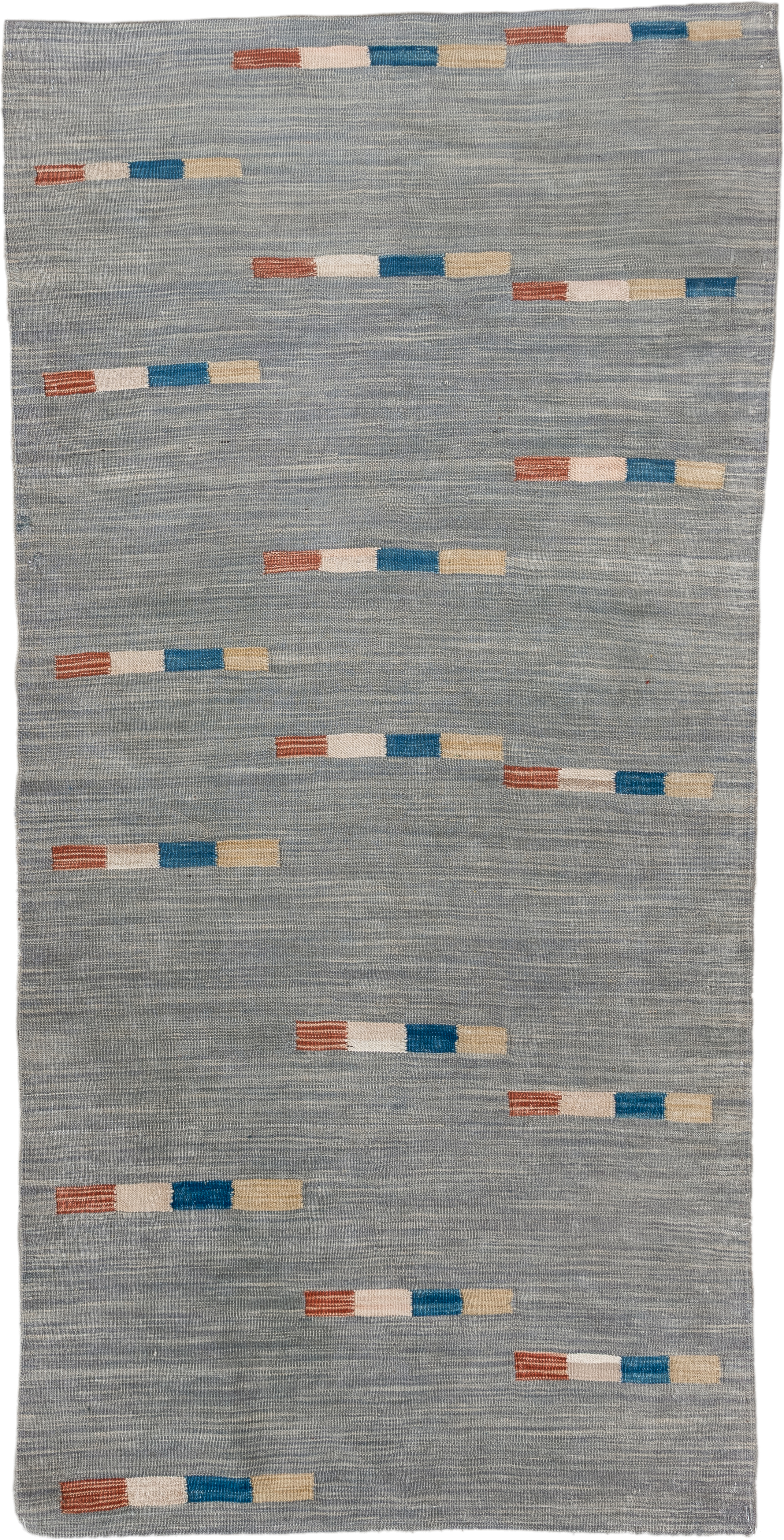 3' x 6' one-of-a-kind handmade vintage Kilim runner rug. Color palette: blue_gray, ivory, cobalt, rust, sand, gray, blue