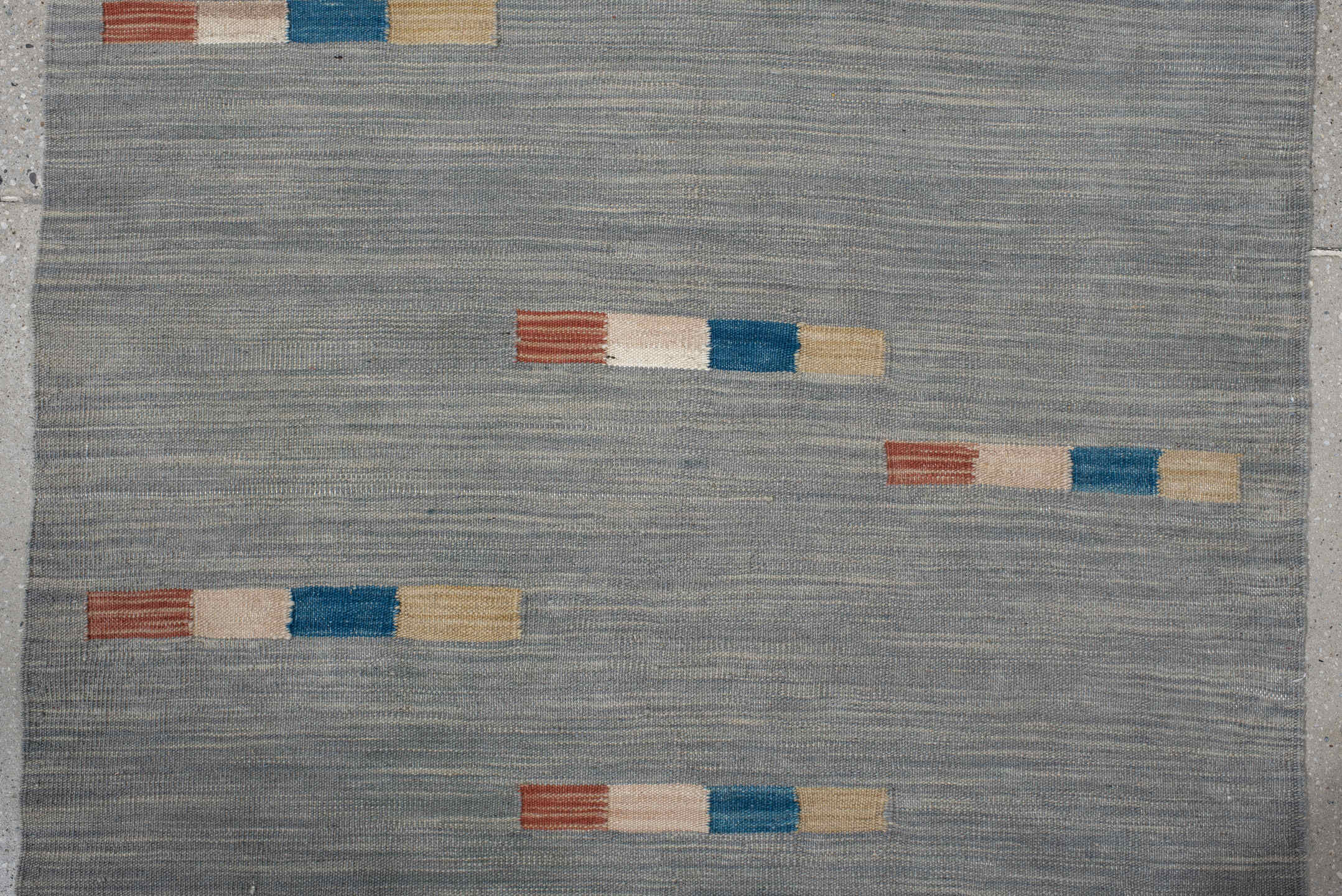 3' x 6' one-of-a-kind handmade vintage Kilim runner rug. Color palette: blue_gray, ivory, cobalt, rust, sand, gray, blue