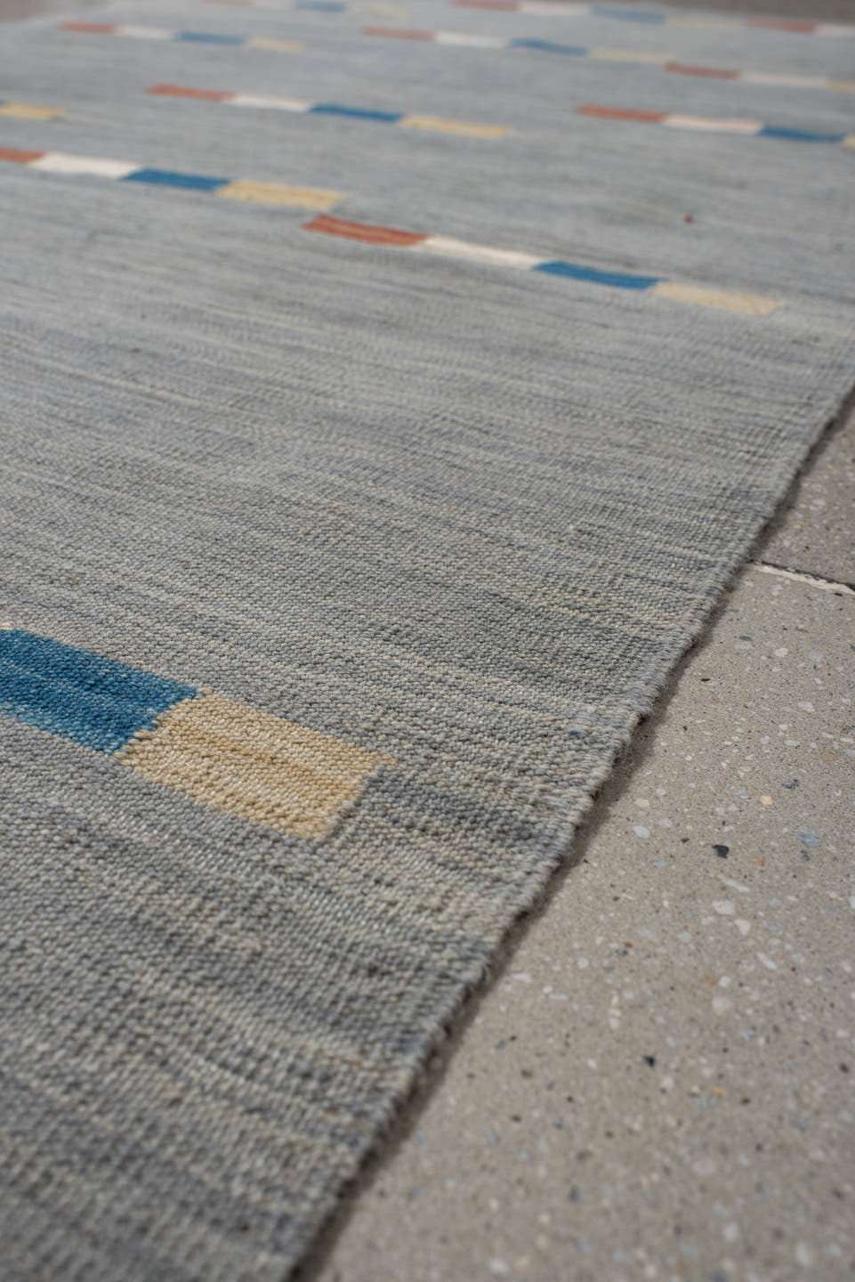 3' x 6' one-of-a-kind handmade vintage Kilim runner rug. Color palette: blue_gray, ivory, cobalt, rust, sand, gray, blue