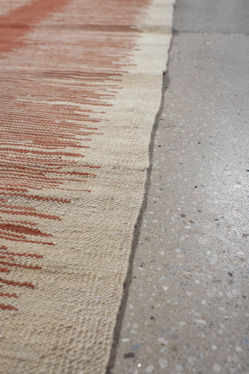 2' x 12' one-of-a-kind handmade vintage Kilim runner rug. Color palette: brown, gray, light gray, off-white, orange, pink