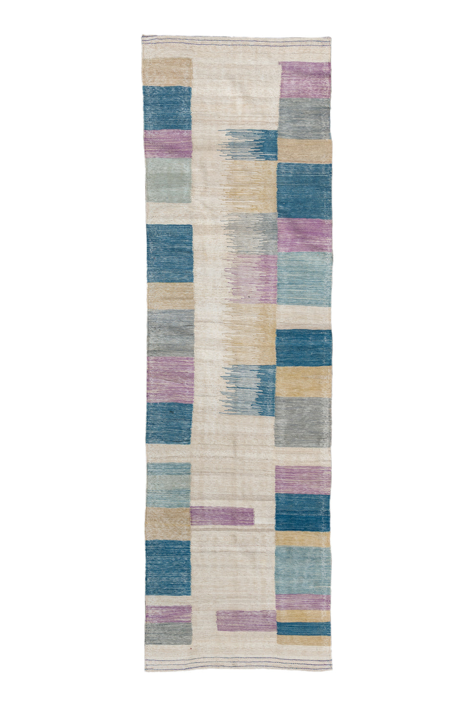 2' x 9' one-of-a-kind handmade vintage Kilim runner rug. Color palette: arapawa, blue, brown, dark gray, gainsboro, gray