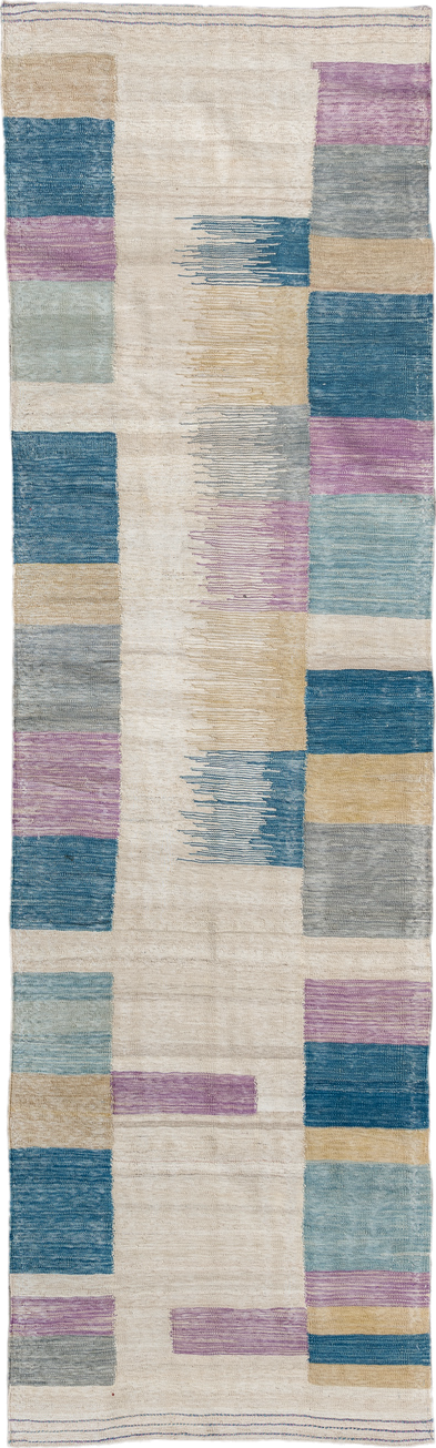 2' x 9' one-of-a-kind handmade vintage Kilim runner rug. Color palette: ivory, teal, lavender, light blue, gray, sand