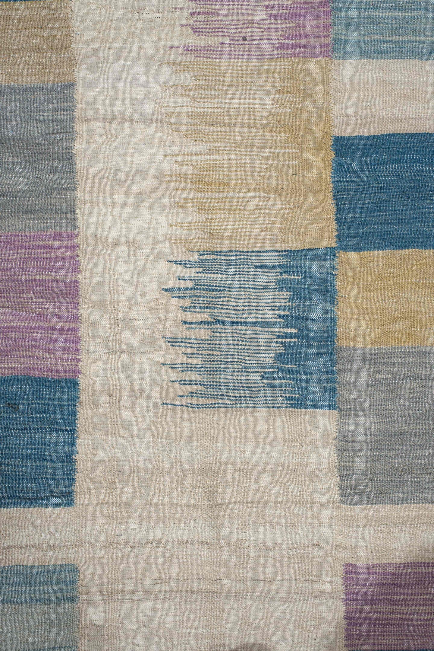2' x 9' one-of-a-kind handmade vintage Kilim runner rug. Color palette: ivory, teal, lavender, light blue, gray, sand