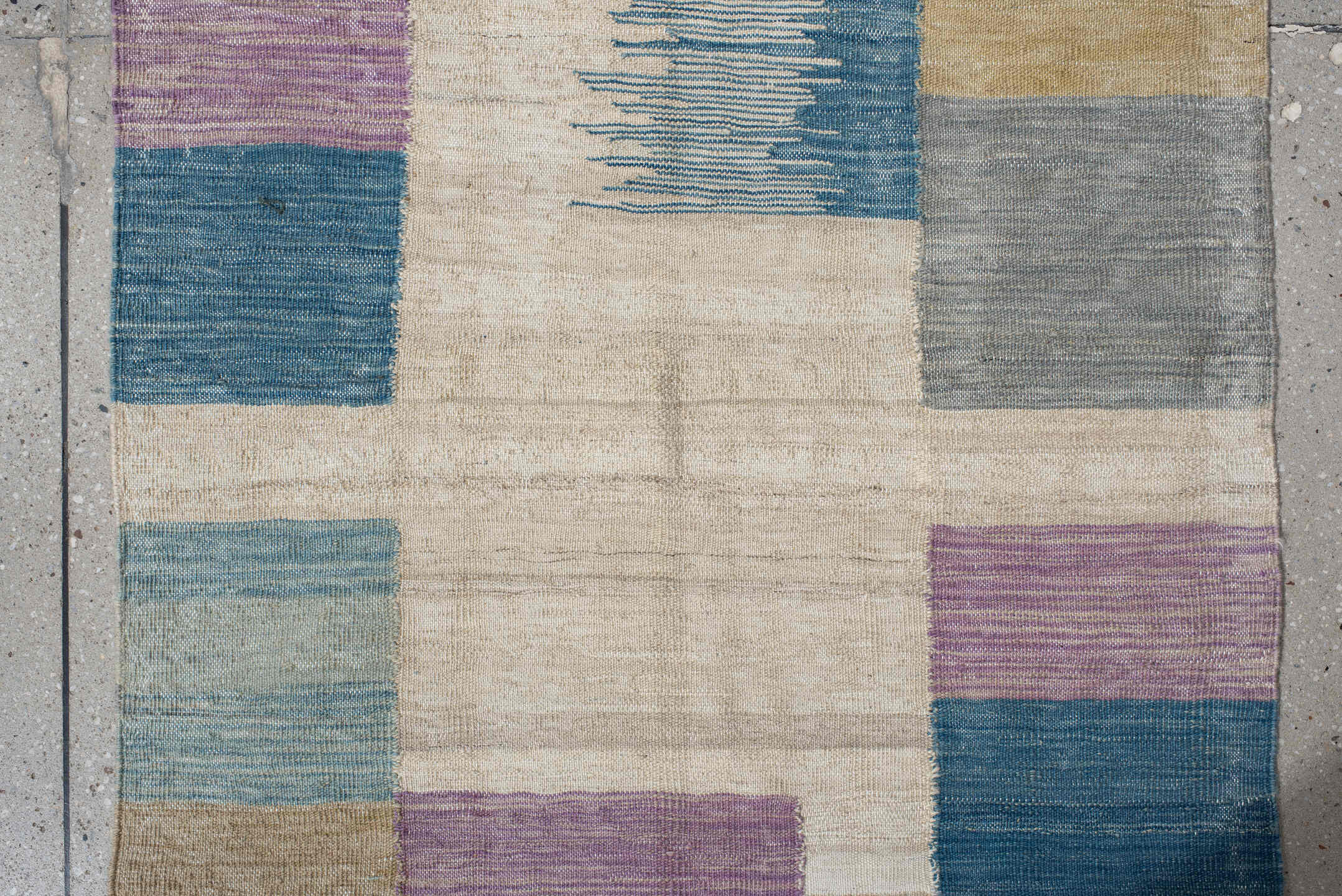 2' x 9' one-of-a-kind handmade vintage Kilim runner rug. Color palette: ivory, teal, lavender, light blue, gray, sand