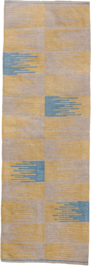 2' x 7' one-of-a-kind handmade vintage Kilim runner rug. Color palette: sand, pale gold, sky blue, ivory, beige, gold