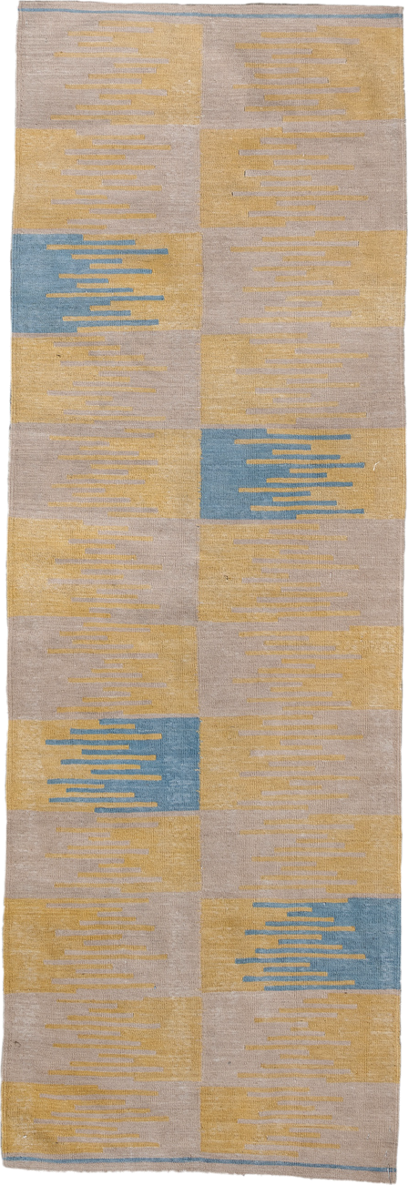 2' x 7' one-of-a-kind handmade vintage Kilim runner rug. Color palette: sand, pale gold, sky blue, ivory, beige, gold