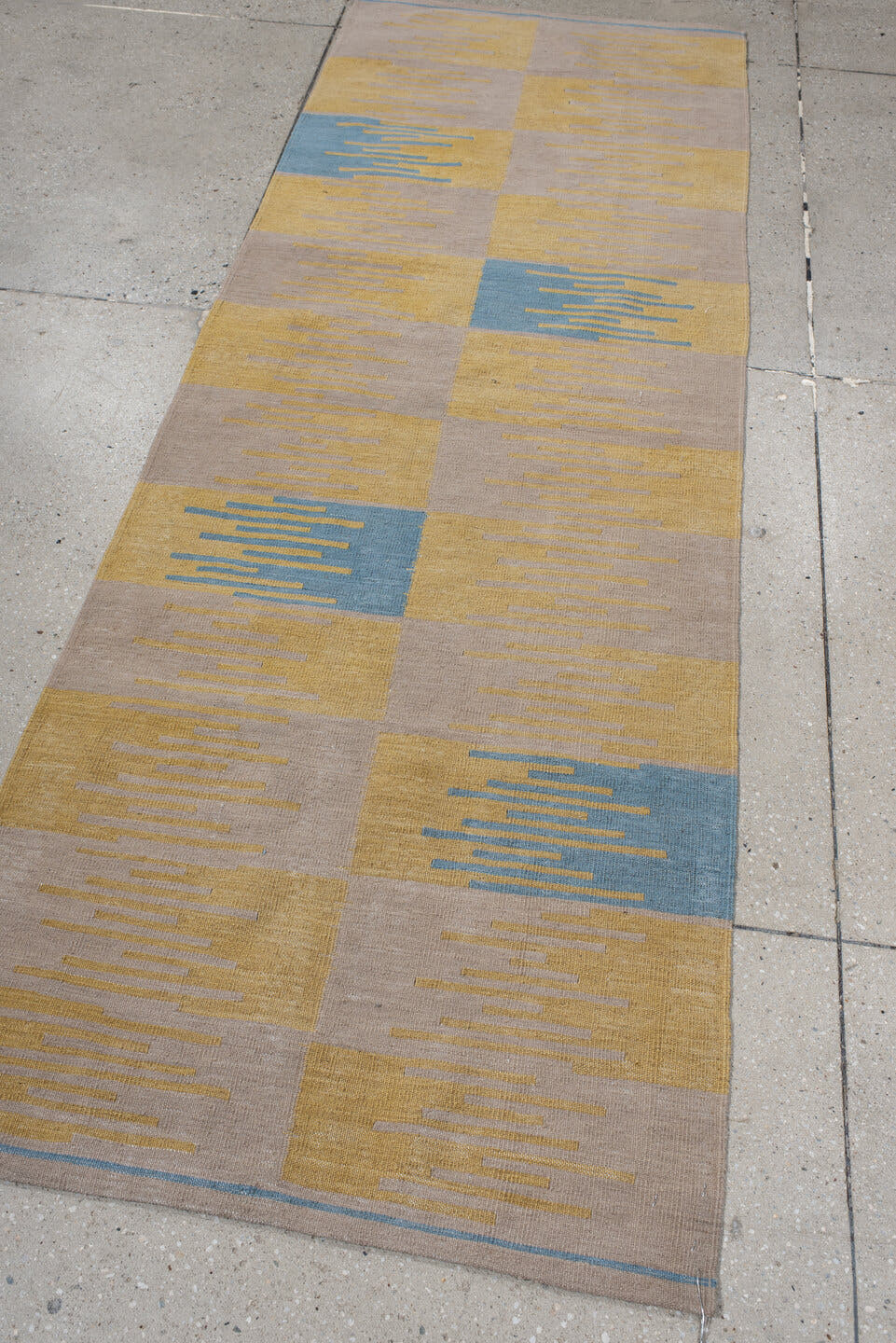2' x 7' one-of-a-kind handmade vintage Kilim runner rug. Color palette: sand, pale gold, sky blue, ivory, beige, gold