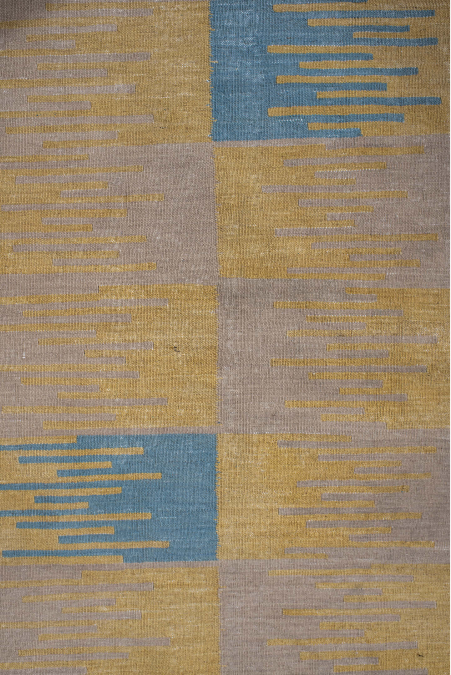 2' x 7' one-of-a-kind handmade vintage Kilim runner rug. Color palette: sand, pale gold, sky blue, ivory, beige, gold