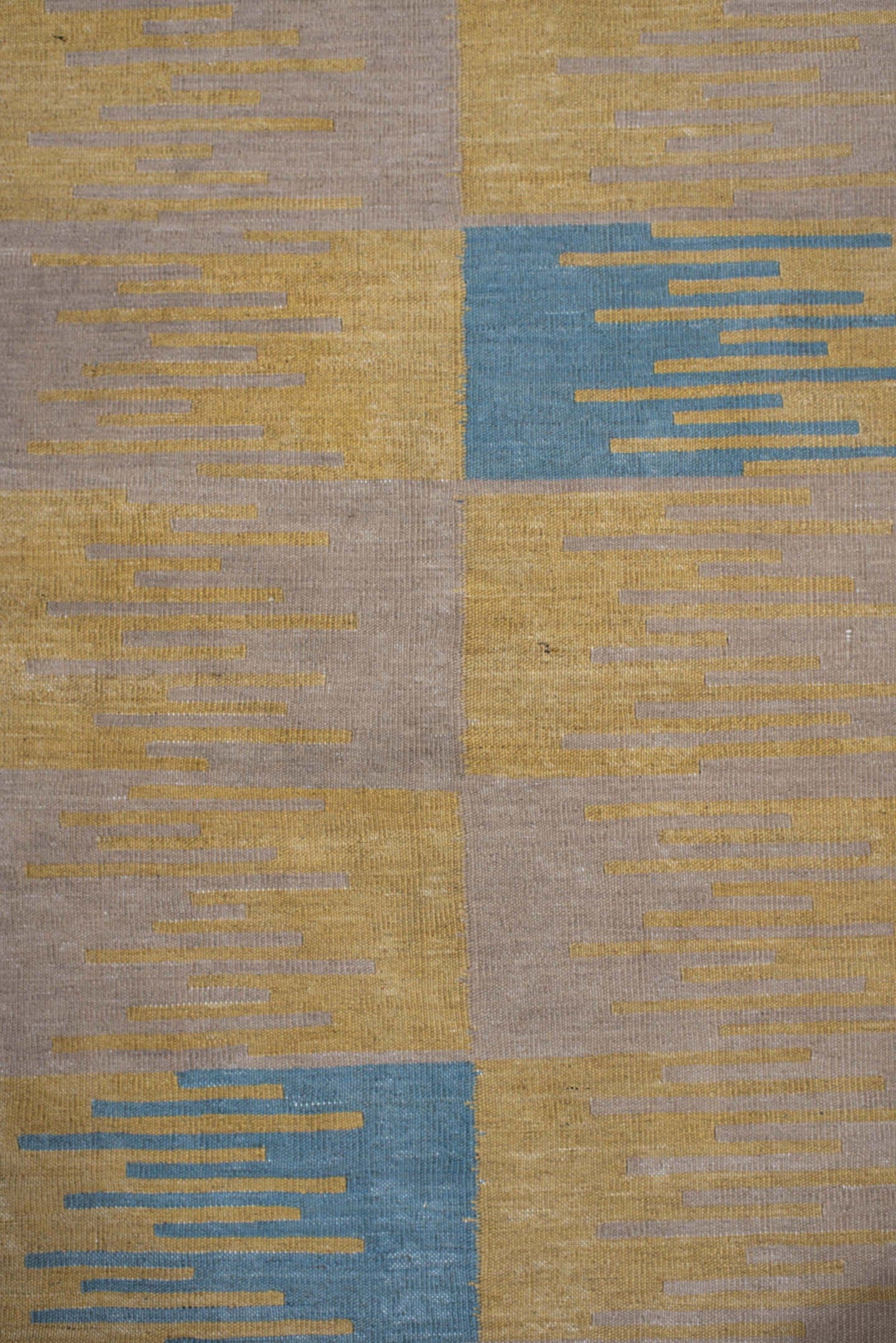 2' x 7' one-of-a-kind handmade vintage Kilim runner rug. Color palette: sand, pale gold, sky blue, ivory, beige, gold