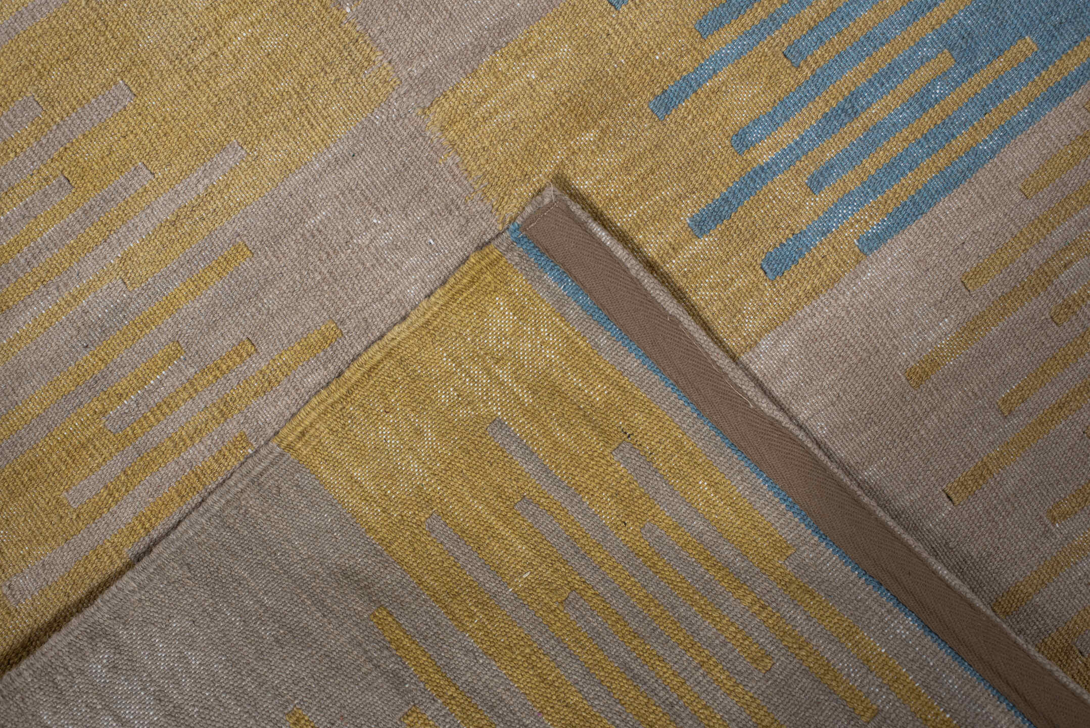 2' x 7' one-of-a-kind handmade vintage Kilim runner rug. Color palette: sand, pale gold, sky blue, ivory, beige, gold