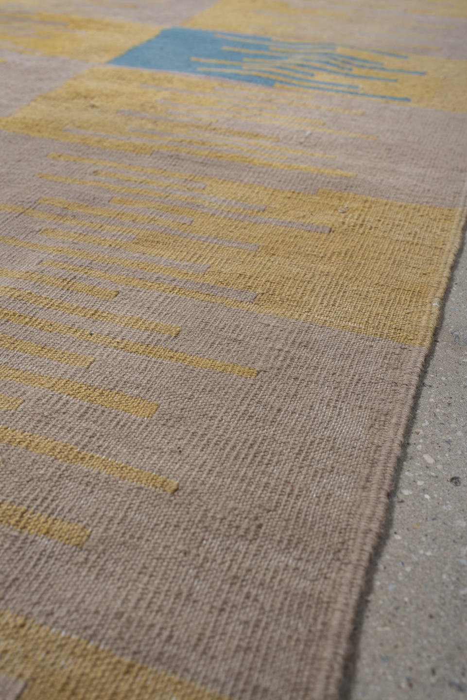 2' x 7' one-of-a-kind handmade vintage Kilim runner rug. Color palette: sand, pale gold, sky blue, ivory, beige, gold
