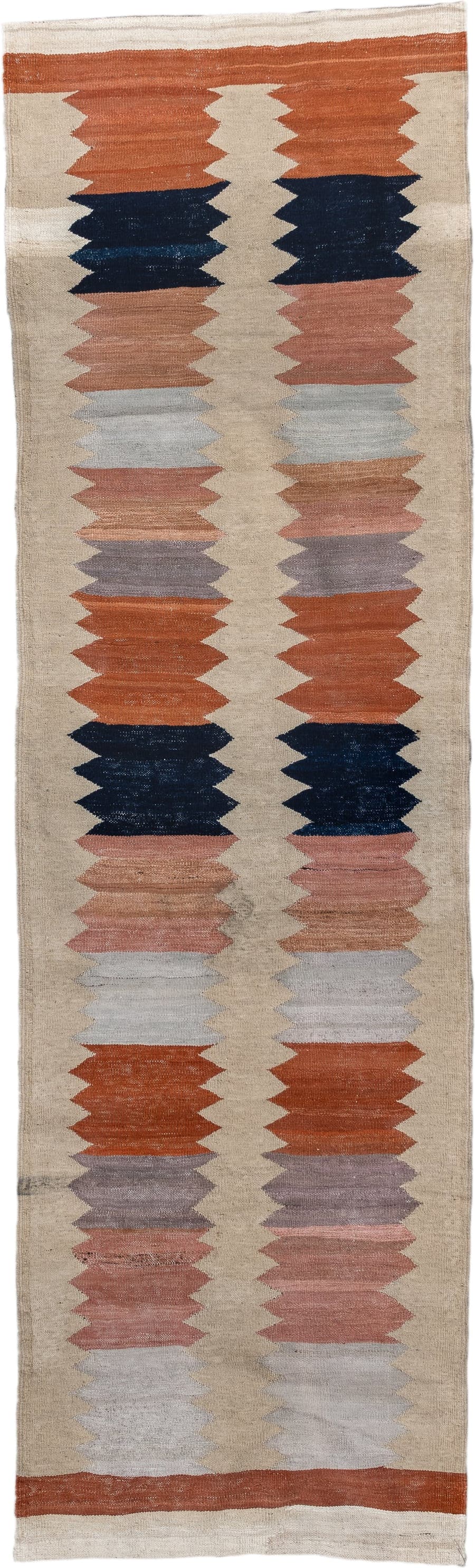 2' x 8' one-of-a-kind handmade vintage Kilim runner rug. Color palette: ivory, rust, navy, blush, light gray, taupe