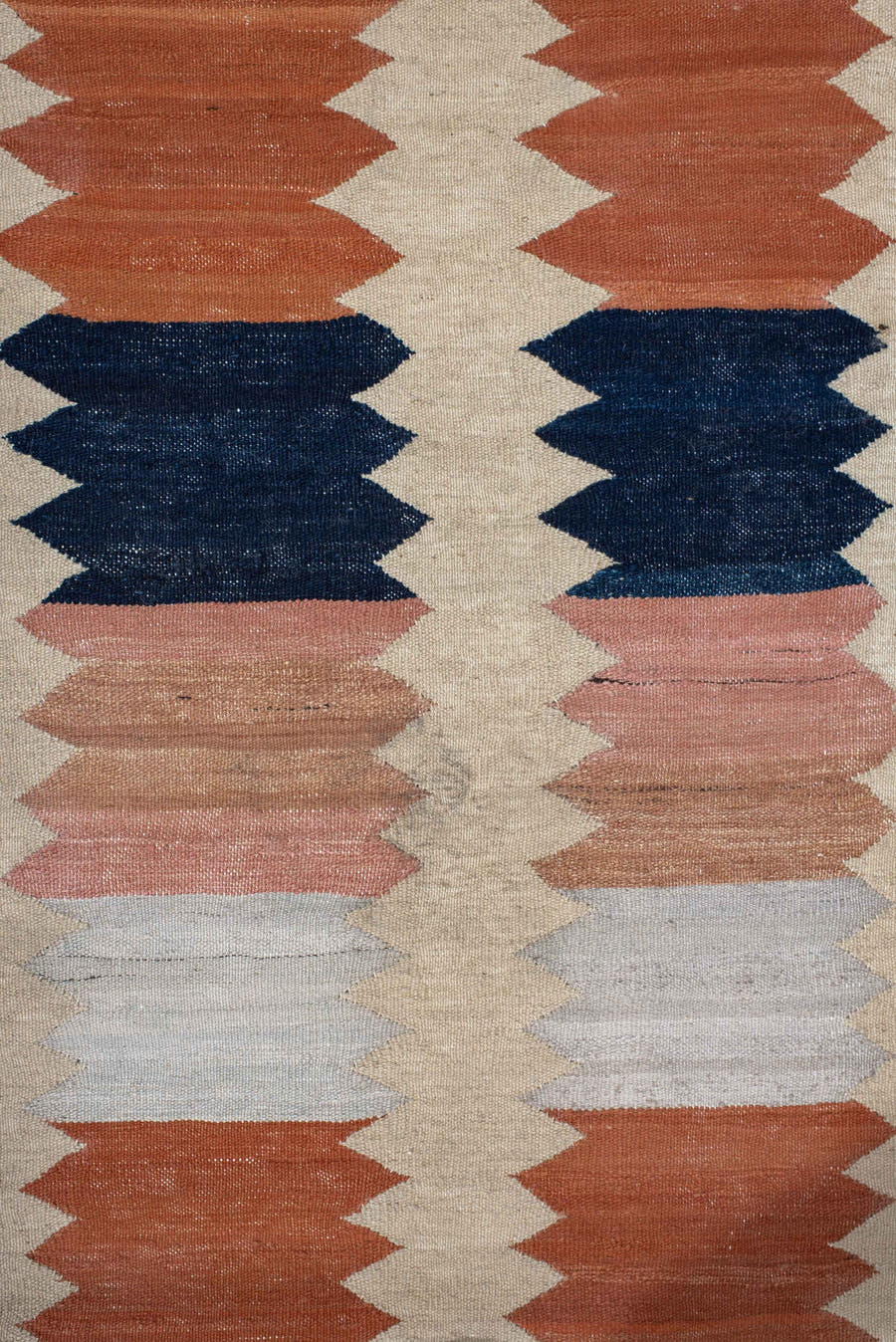 2' x 8' one-of-a-kind handmade vintage Kilim runner rug. Color palette: ivory, rust, navy, blush, light gray, taupe