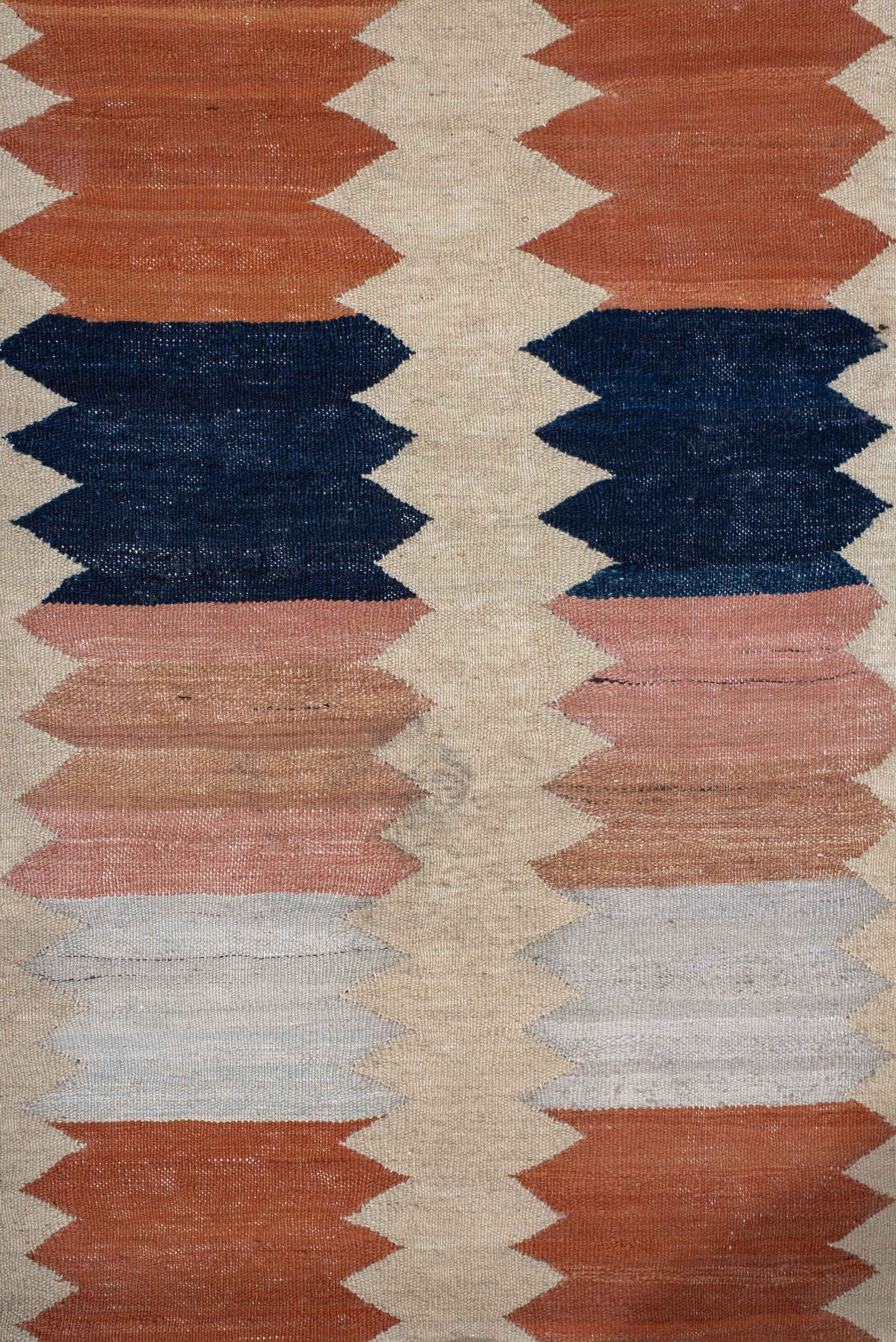 2' x 8' one-of-a-kind handmade vintage Kilim runner rug. Color palette: ivory, rust, navy, blush, light gray, taupe