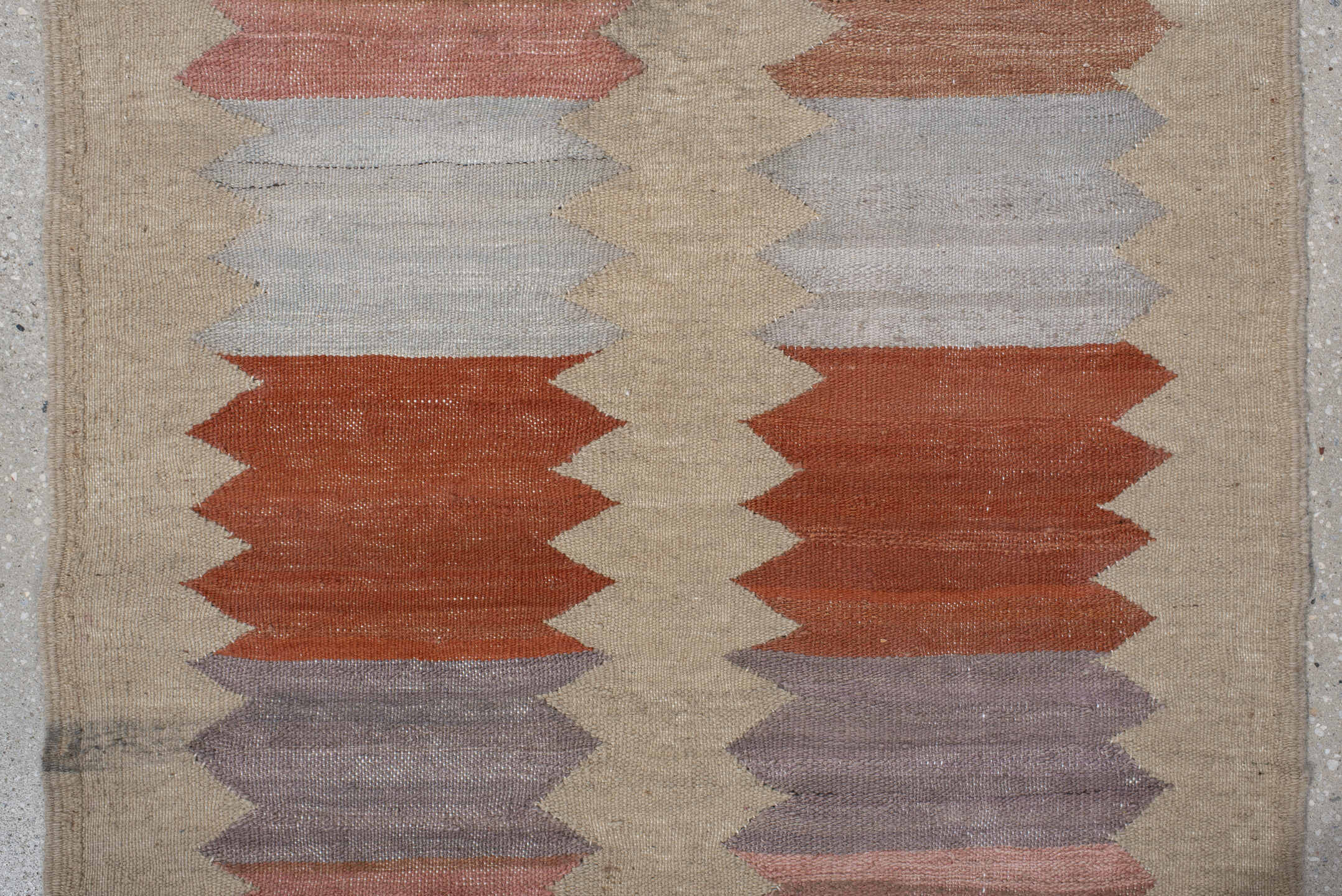 2' x 8' one-of-a-kind handmade vintage Kilim runner rug. Color palette: gray, brown, light gray, off-white, black, pink