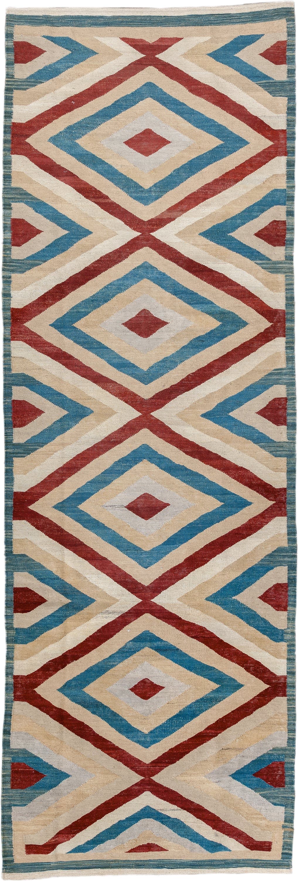 3' x 9' one-of-a-kind handmade vintage Kilim runner rug. Color palette: ivory, sky blue, rust, camel, light gray, light blue