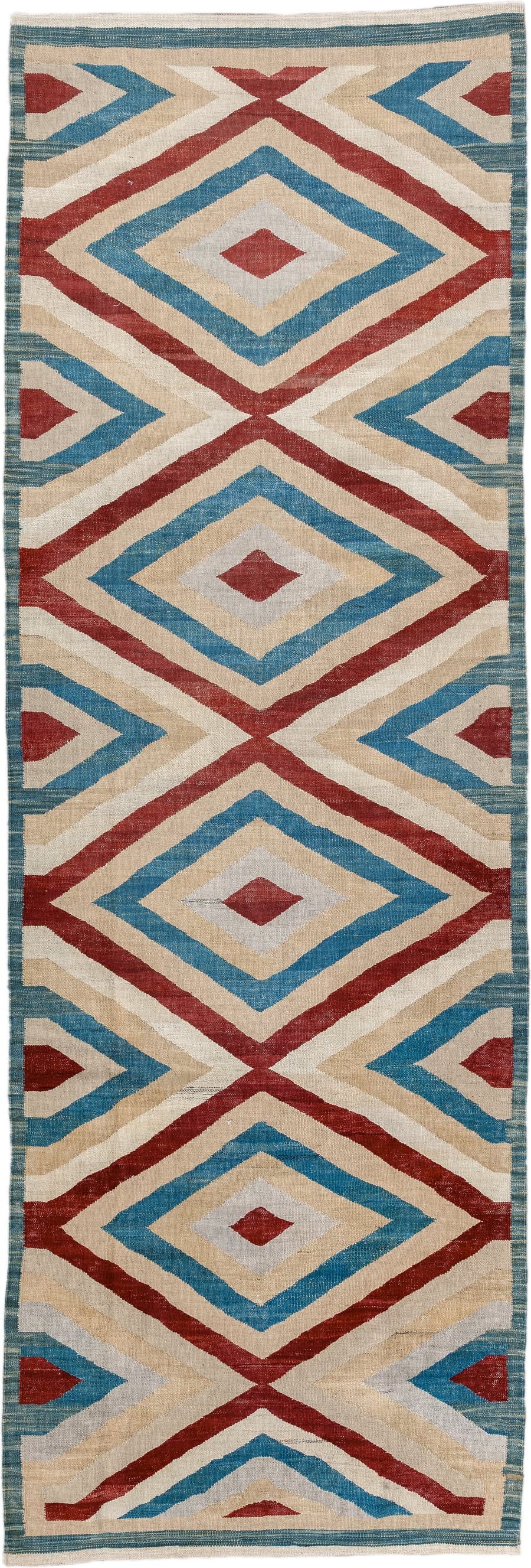 3' x 9' one-of-a-kind handmade vintage Kilim runner rug. Color palette: ivory, sky blue, rust, camel, light gray, light blue