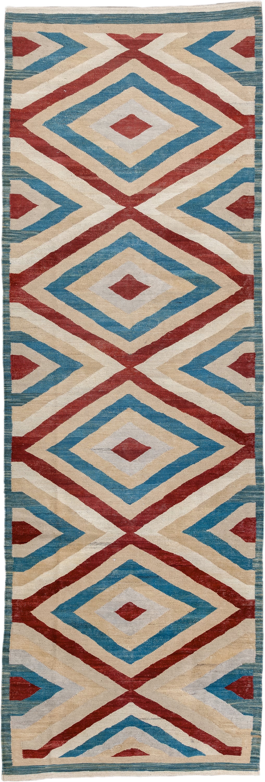 3' x 9' one-of-a-kind handmade vintage Kilim runner rug. Color palette: ivory, sky blue, rust, camel, light gray, light blue