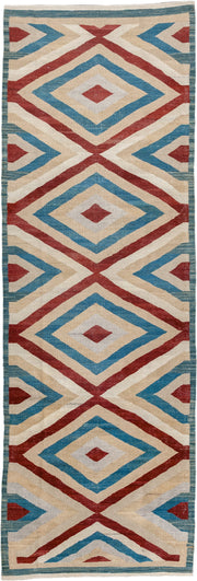 3' x 9' one-of-a-kind handmade vintage Kilim runner rug. Color palette: ivory, sky blue, rust, camel, light gray, light blue