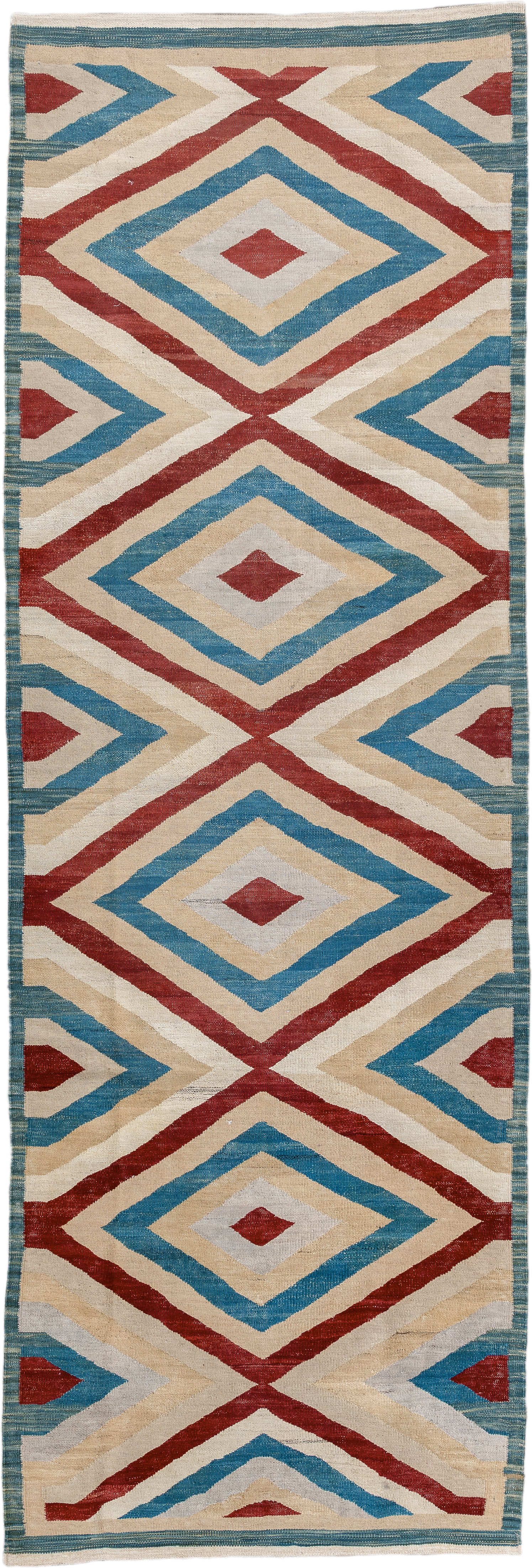 3' x 9' one-of-a-kind handmade vintage Kilim runner rug. Color palette: ivory, sky blue, rust, camel, light gray, light blue