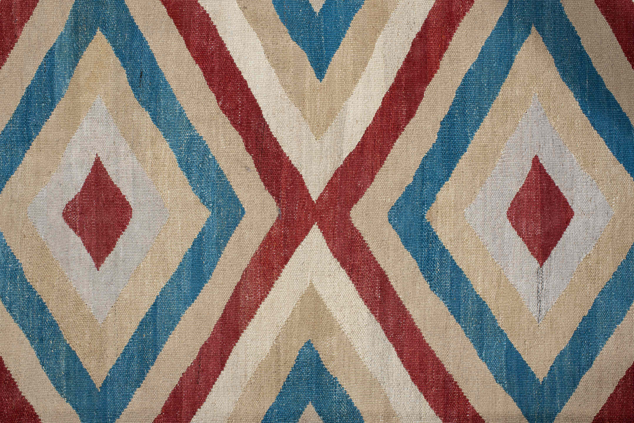 3' x 9' one-of-a-kind handmade vintage Kilim runner rug. Color palette: blue, brown, gray, light gray, off-white, orange