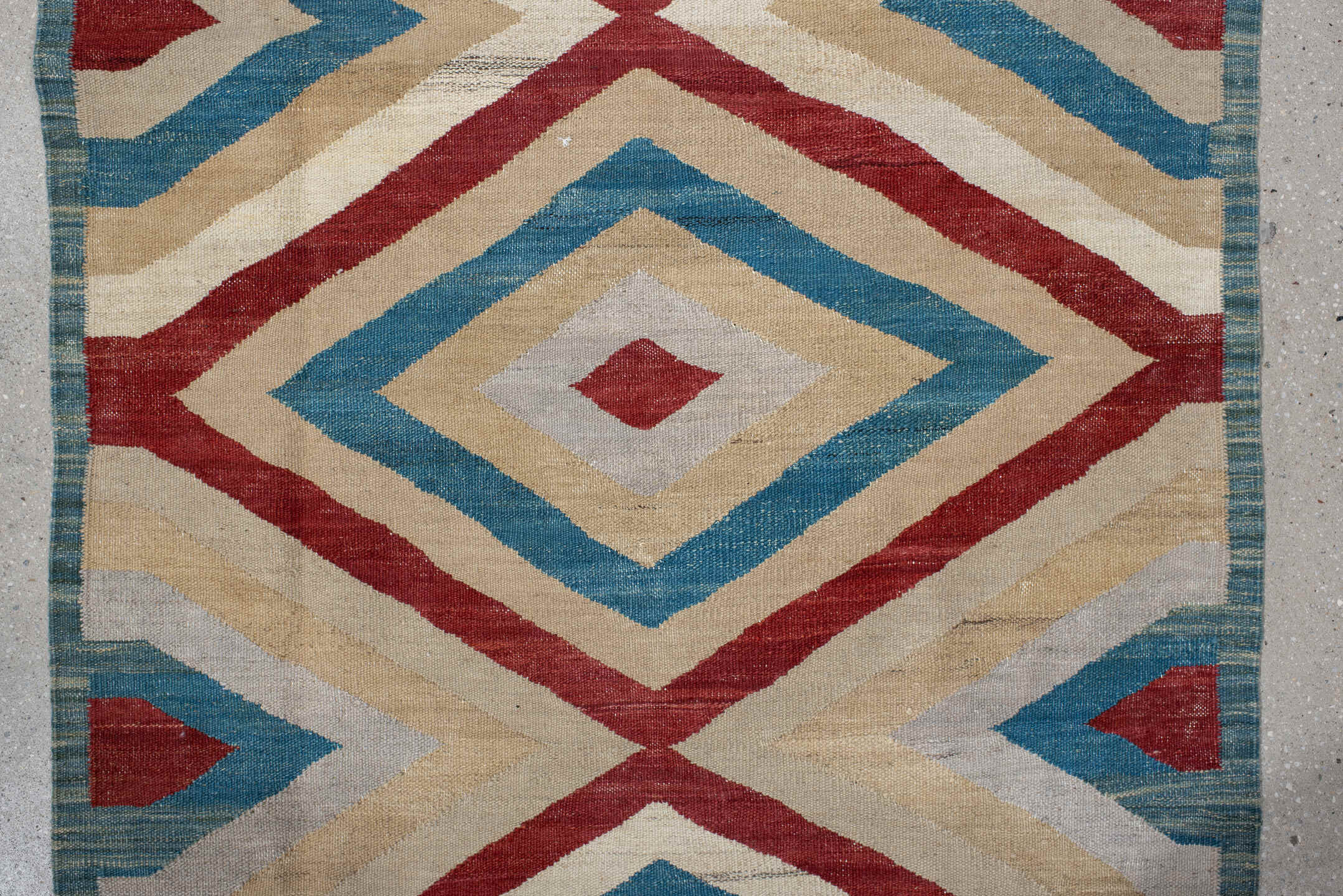 3' x 9' one-of-a-kind handmade vintage Kilim runner rug. Color palette: blue, brown, gray, light gray, off-white, orange